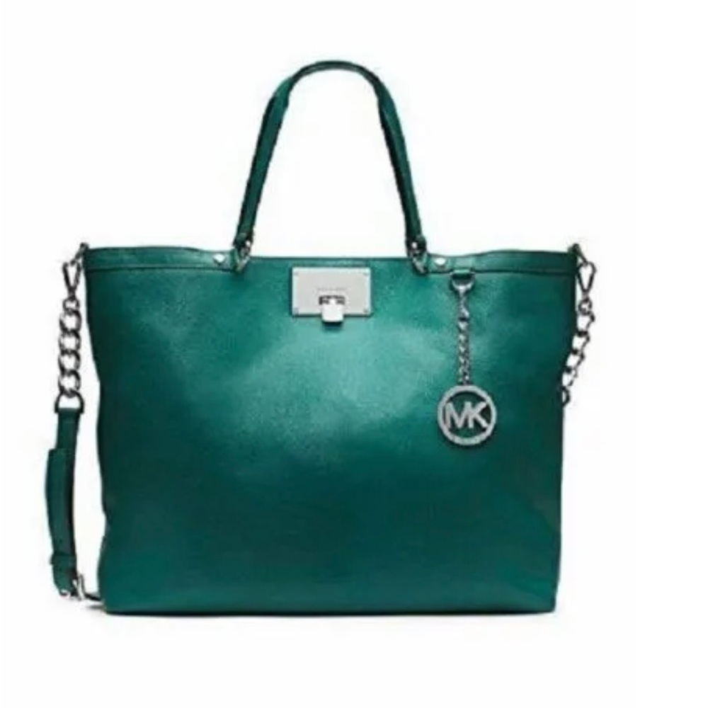 NWT Michael Kors CHANNING Tote AQUA Silver purse crossbody leather